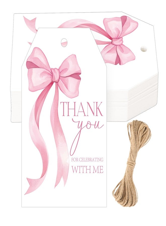 g2 بلس بطاقات شكر مزينة بفيونكة وردية من G2PLUS، بطاقات هدايا مزينة بفيونكة لحفلات استقبال المولود، 50 قطعة من ملصقات ورقية بيضاء مكتوب عليها "شكرًا لمشاركتكم فرحتي"، بطاقات معلقة لحفلات توديع العزوبية، وحفلات الزفاف، وحفلات أعياد الميلاد. - Image 1